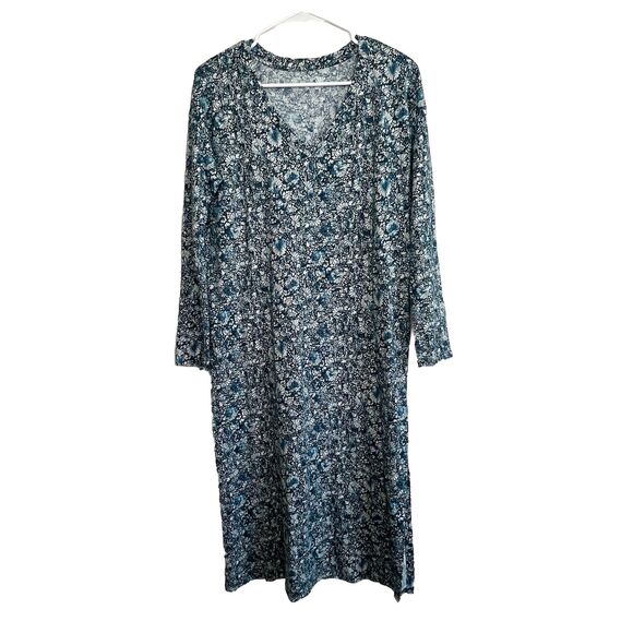 J. Jill Floral Sleep Dress Nightgown Large Blue Long Sleeve XS Petite New e19